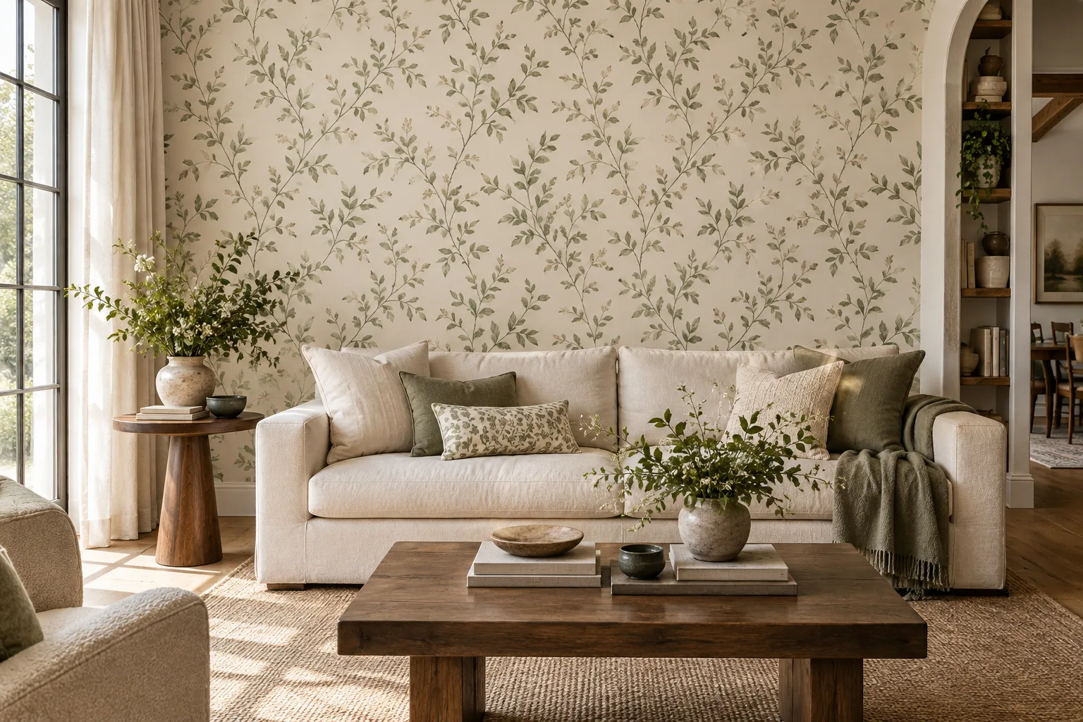 Illustrative living room with sage botanical wallpaper, a cream sofa, and warm wood accents