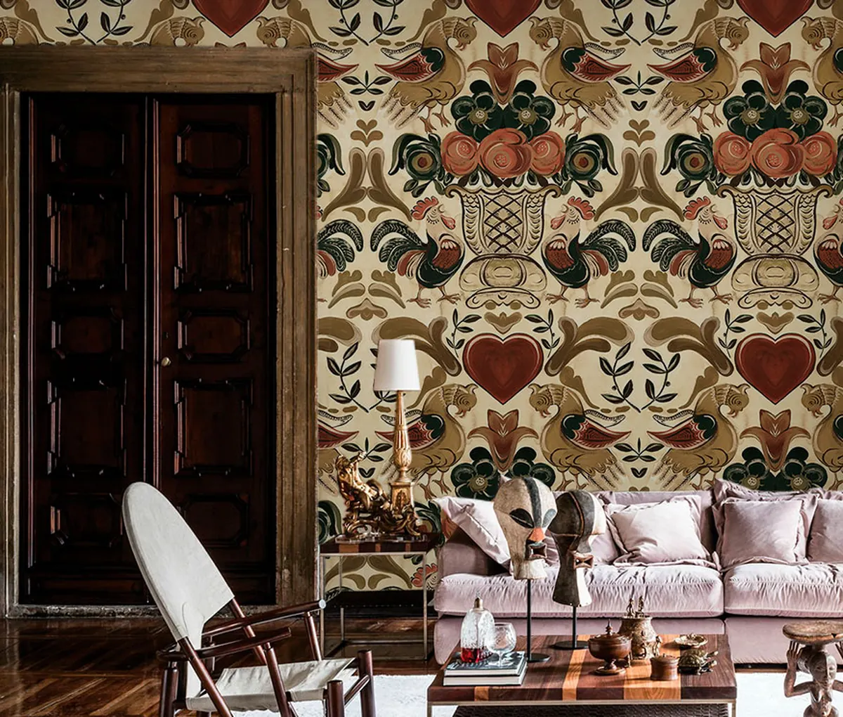Paired-bird folk wallpaper in a furnished dining room with a doorway