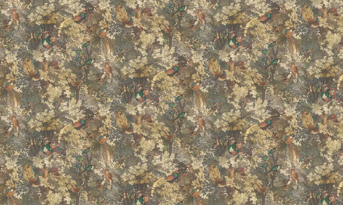 Bird wallpaper artwork crop showing tree branches, birds, leaves and other woodland animals