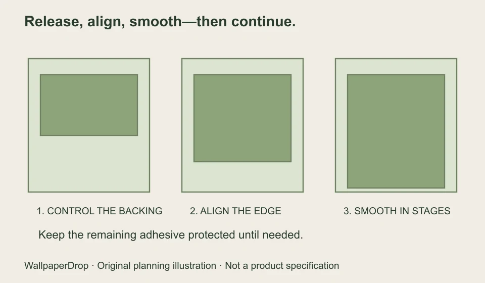 Three-stage illustration of controlled backing release, alignment and smoothing