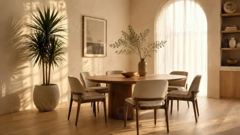 Illustrative warm neutral dining room with natural wood furniture and daylight