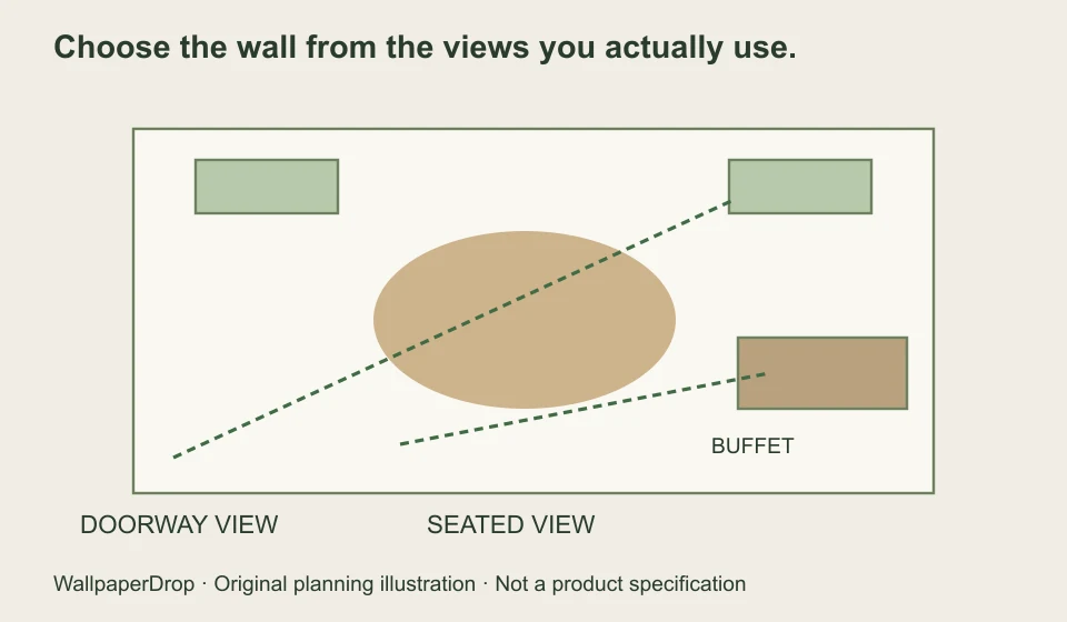 Original room plan showing doorway and seated sightlines toward a buffet