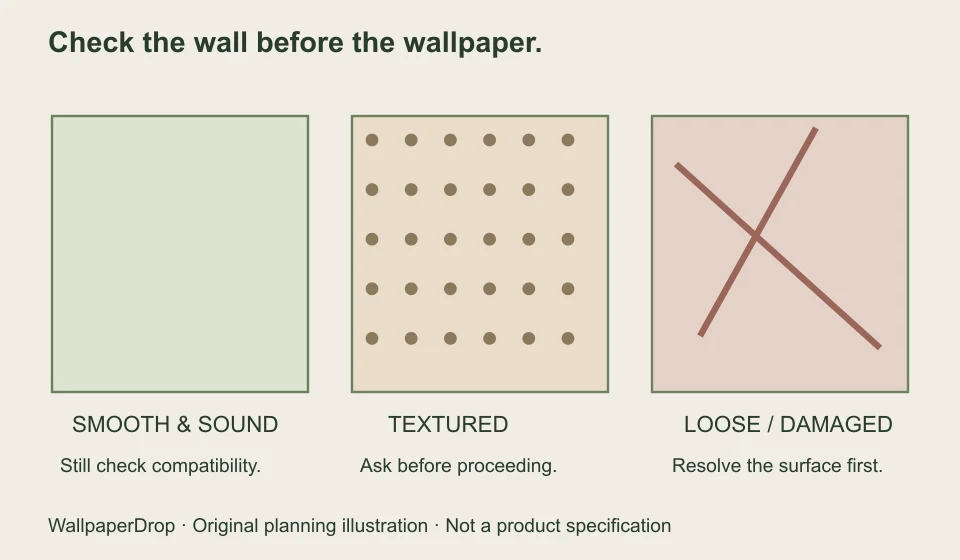 Three wall-condition illustrations: smooth and sound, textured, and damaged
