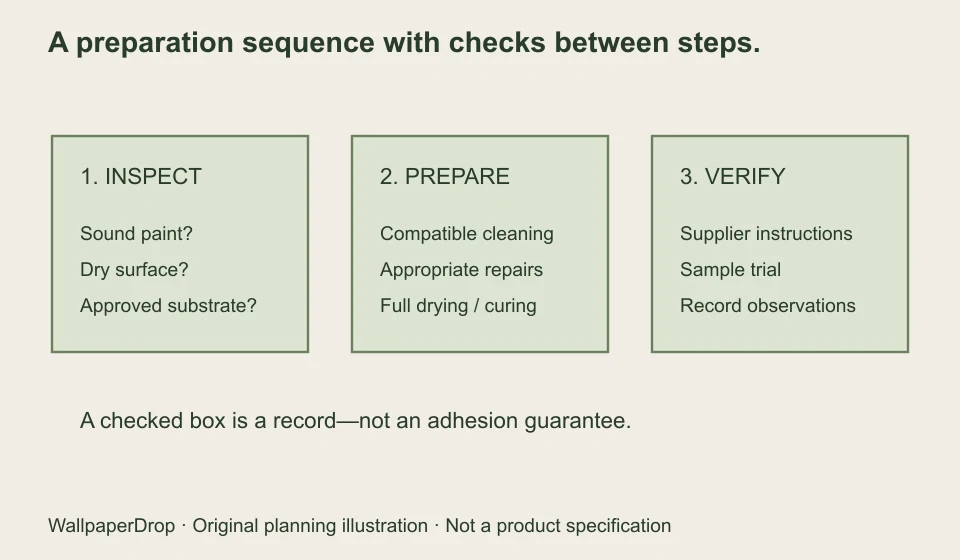 Preparation sequence: inspect, prepare using compatible methods, and verify with instructions and a sample trial