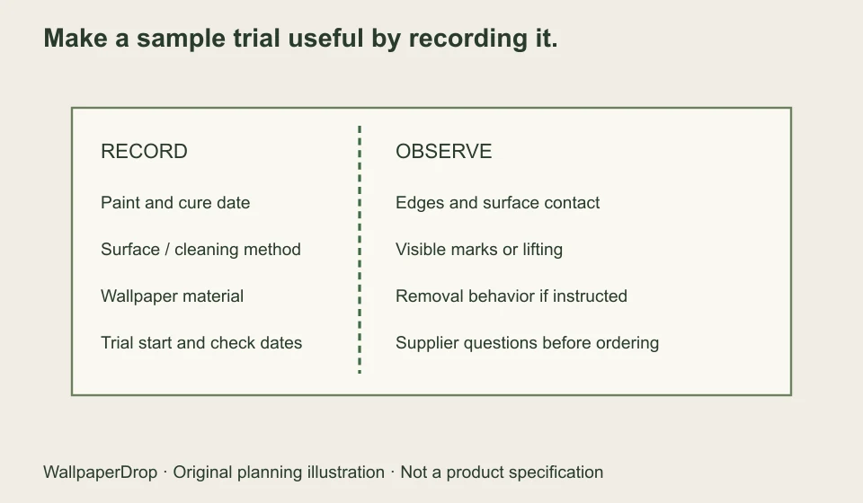 Sample-trial record fields for material, paint, preparation dates and observed behavior