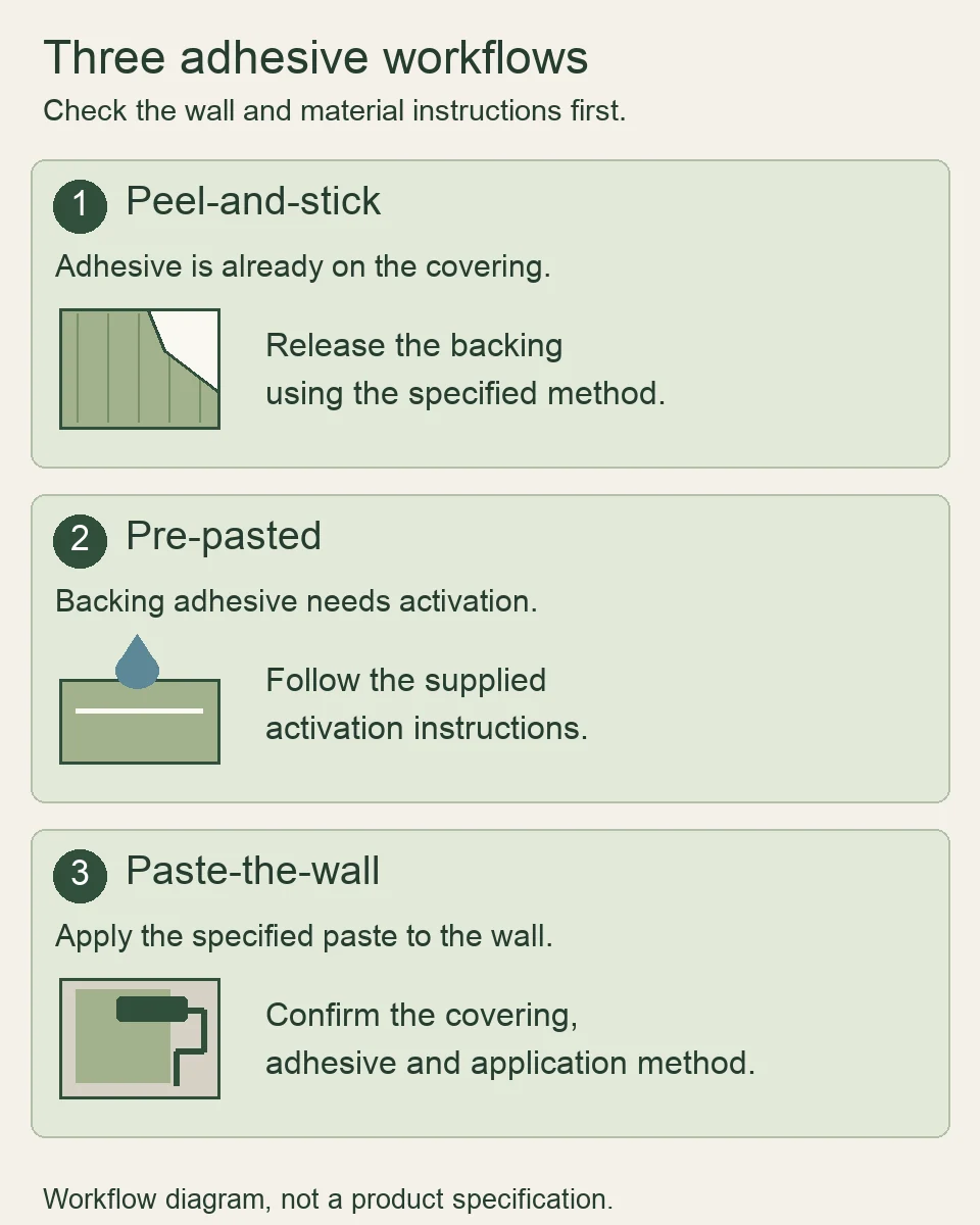 Three application workflows: reveal a self-adhesive backing, activate pre-pasted adhesive as directed, or apply specified paste to the wall.