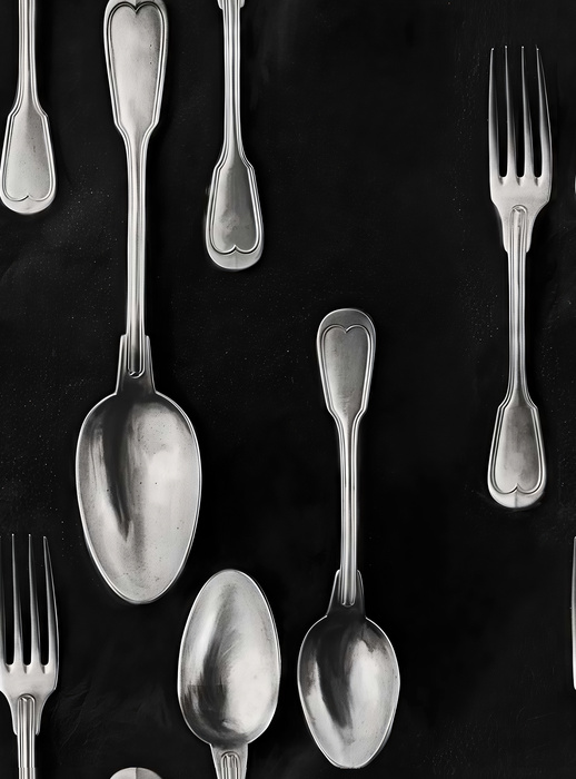 Fenwick Reverie Kitchen Motif Wallpaper — Silver Black