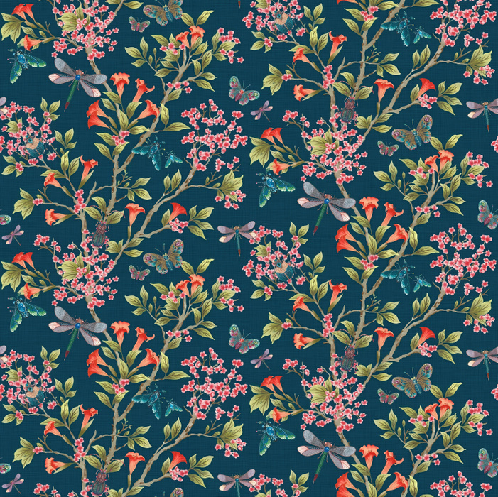 Larkspur Tableau Floral Wallpaper — Midnight Blue