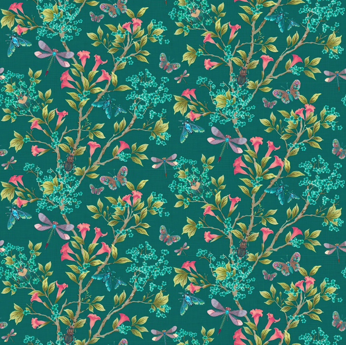 Larkspur Tableau Floral Wallpaper — Emerald