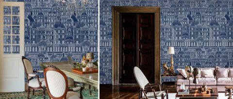 Avelune Solace Architectural Wallpaper — Indigo — desktop artwork view 3