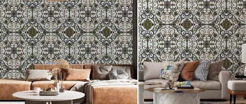 Bellora Echo Tile Effect Wallpaper — desktop room preview 3