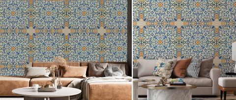Bellora Keepsake Tile Effect Wallpaper — desktop room preview 3