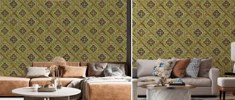Celandine Chronicle Tile Effect Wallpaper — desktop room preview 3