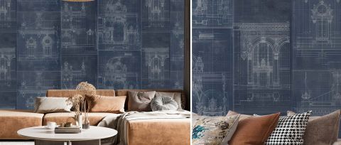 Elowen Tapestry Architectural Wallpaper — Midnight Blue — desktop artwork view 3