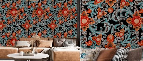 Fenwick Cadence Dark Floral Wallpaper — Tangerine — desktop artwork view 3