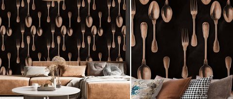 Fenwick Reverie Kitchen Motif Wallpaper — Copper Black — desktop artwork view 3