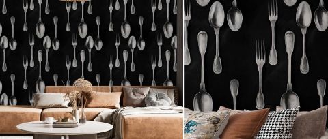 Fenwick Reverie Kitchen Motif Wallpaper — Silver Black — desktop artwork view 3