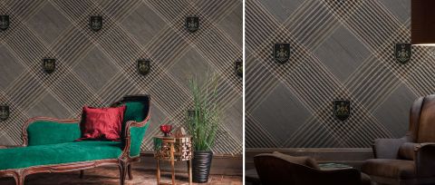 Gildmere Tapestry Checks & Stripes Wallpaper — Warm Gray — desktop artwork view 3