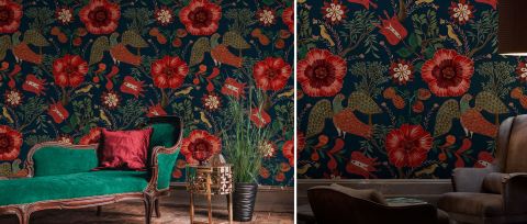 Halewood Daydream Dark Floral Wallpaper — desktop room preview 3
