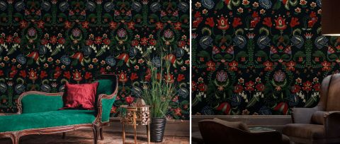 Halewood Muse Dark Floral Wallpaper — desktop room preview 3