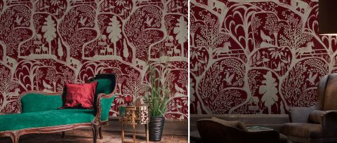 Halewood Solace Woodland Wallpaper — Burgundy — desktop artwork view 3
