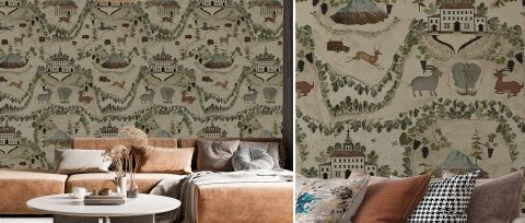 Junora Enclave Folk Art Wallpaper — desktop room preview 3