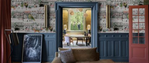 Larkspur Cadence Illustrative Wallpaper — desktop room preview 3