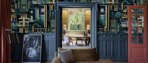 Larkspur Daydream Architectural Wallpaper — desktop room preview 3