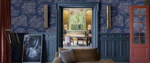 Larkspur Haven Architectural Wallpaper — desktop room preview 3