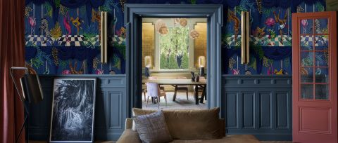 Larkspur Rhapsody Botanical Wallpaper — desktop room preview 3