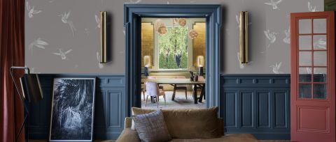 Larkspur Serenade Bird Wallpaper — desktop room preview 3