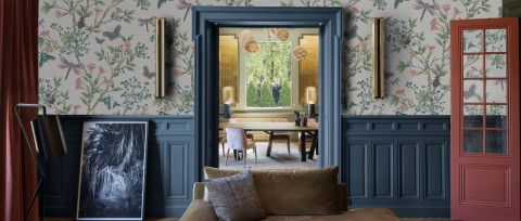 Larkspur Tableau Floral Wallpaper — desktop room preview 3