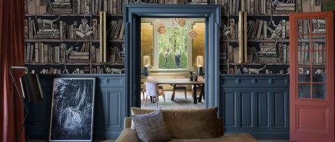 Merevale Vista Bookshelf Wallpaper — Charcoal — desktop artwork view 3