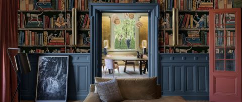 Merevale Vista Bookshelf Wallpaper — Warm Brown — desktop artwork view 3