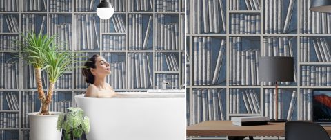 Peverly Atelier Bookshelf Wallpaper — Navy — desktop artwork view 3