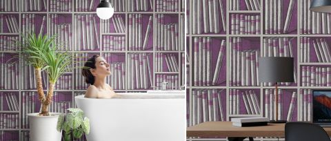 Peverly Atelier Bookshelf Wallpaper — Plum — desktop artwork view 3