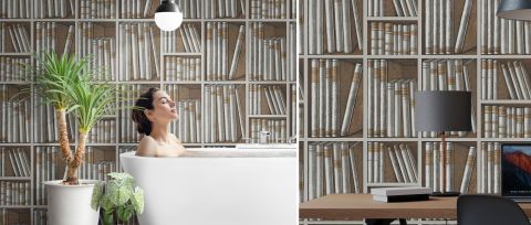 Peverly Atelier Bookshelf Wallpaper — Sepia — desktop artwork view 3
