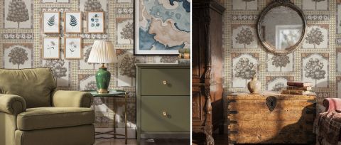 Umbervale Journey Tile Effect Wallpaper — desktop room preview 3