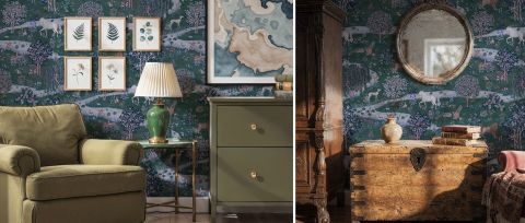 Umbervale Rhapsody Deep Teal Scenic Wallpaper — desktop room view 3