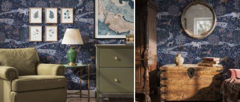 Umbervale Rhapsody Midnight Blue Scenic Wallpaper — desktop room view 3