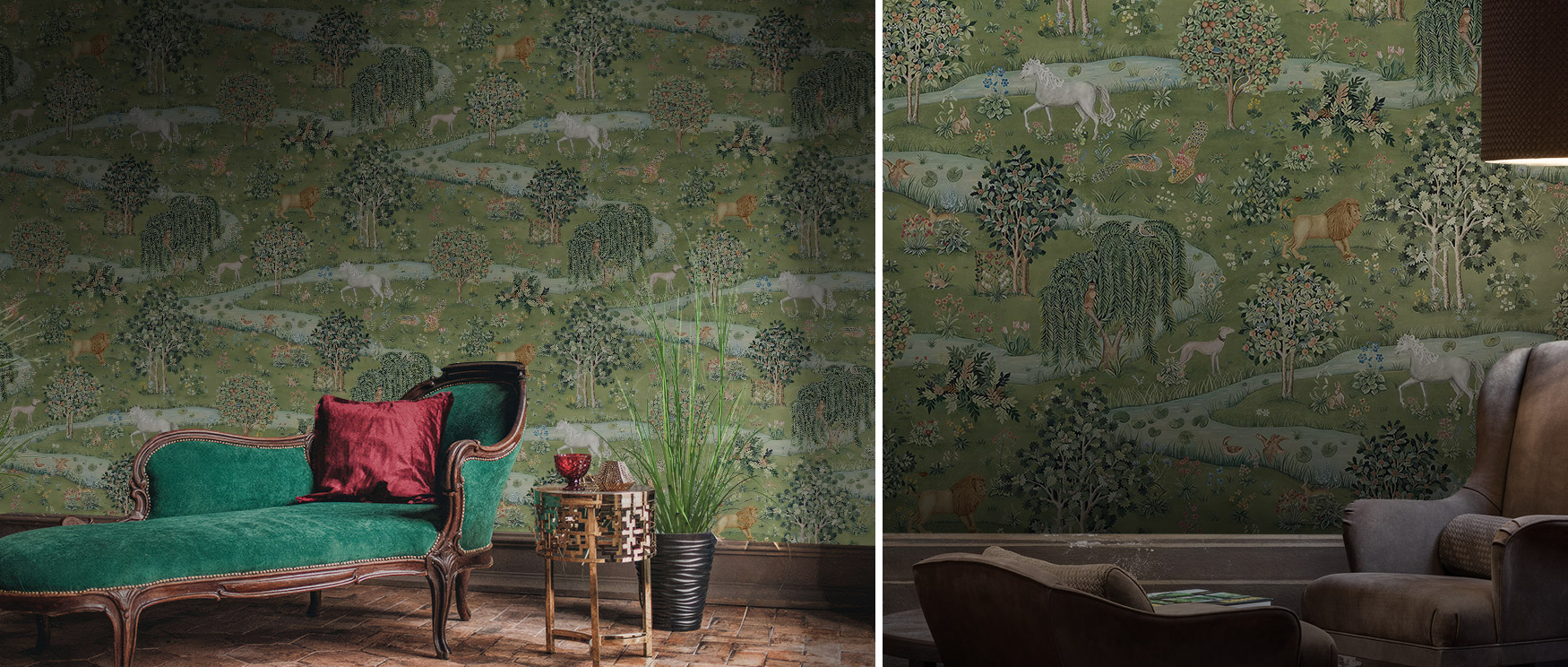 Scenic wallpaper with winding waterways and pastoral landscapes in a room setting
