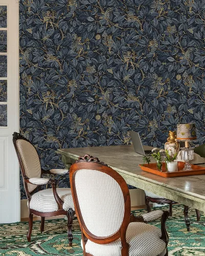 Peverly Story Botanical Wallpaper — Midnight Blue