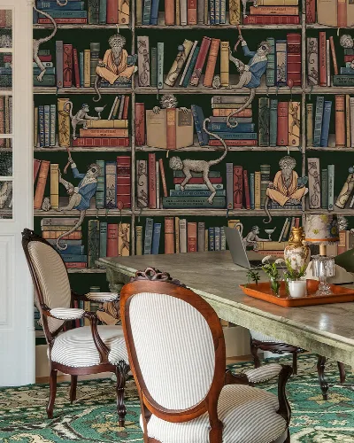 Merevale Vista Bookshelf Wallpaper — Warm Brown