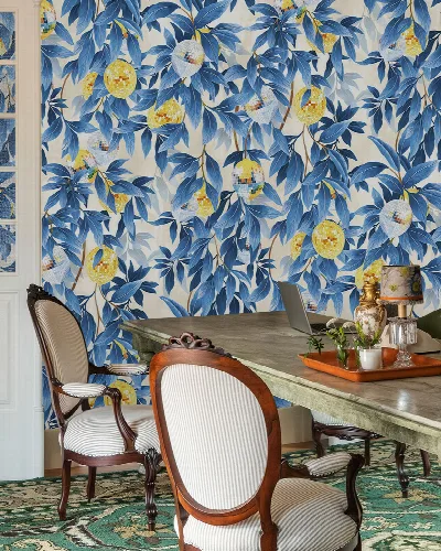 Larkspur Echo Kitchen Motif Wallpaper — Porcelain Blue