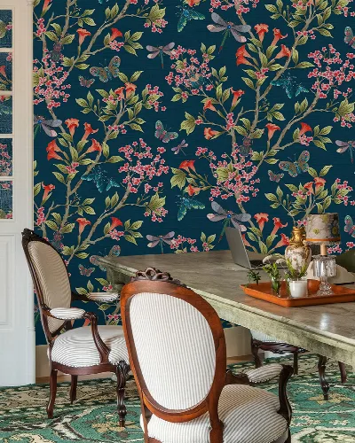Larkspur Tableau Floral Wallpaper — Midnight Blue
