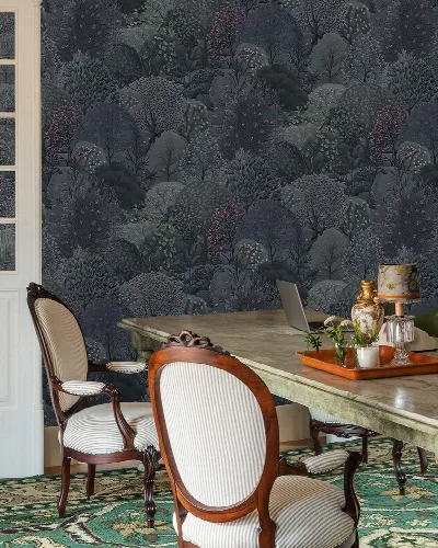 Norwyn Gleam Woodland Wallpaper — Slate Blue