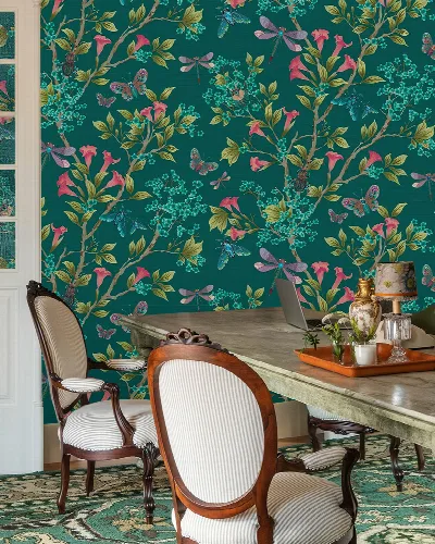 Larkspur Tableau Floral Wallpaper — Emerald