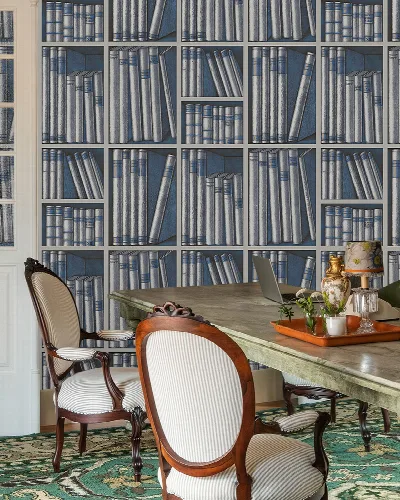 Peverly Atelier Bookshelf Wallpaper — Navy