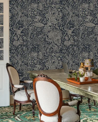 Kestrel Haven Ornamental Wallpaper — Midnight Blue