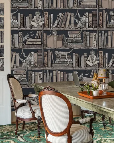 Merevale Vista Bookshelf Wallpaper — Charcoal